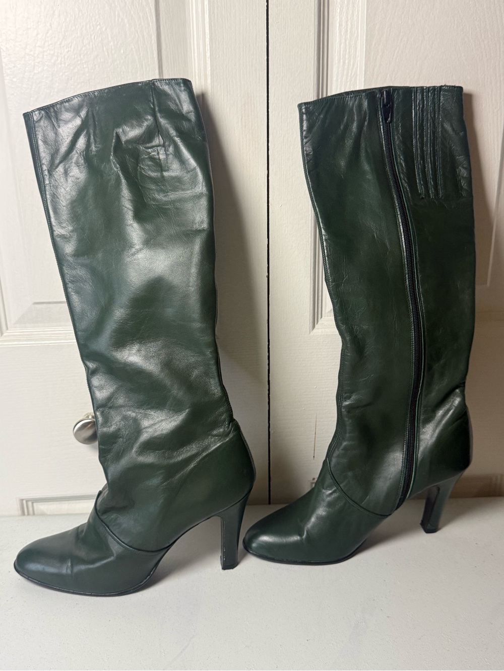 VTG 70s Daisy Clover Green Leather Knee High Boots Made In Spain 7 N Tall Heel